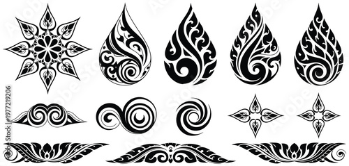 Thai traditional ornament elements set with decorative floral motifs, Asian pattern collection, vintage tribal design shapes and flat vector illustration for cultural and decorative design projects