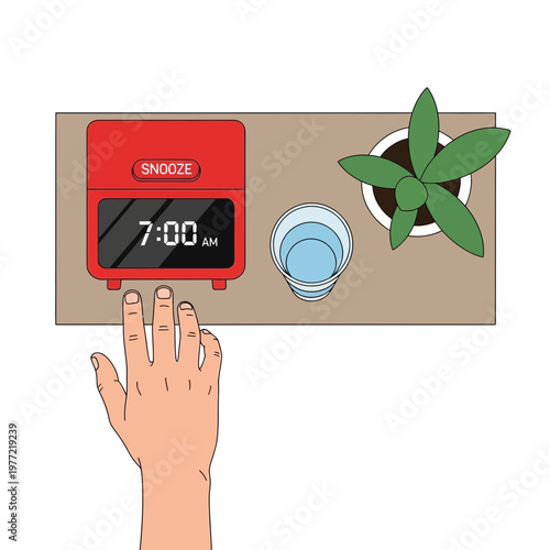 Waking Up: Hand Reaching to Snooze Alarm Clock at 7 AM Next to Water and Plant