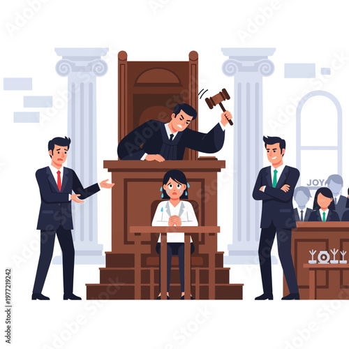 Courtroom scene: Judge bangs gavel, defendant looks distressed, lawyers argue