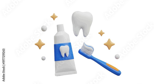 Vector illustration of 3d illustration of a toothbrush, toothpaste, and a tooth on a transparent background