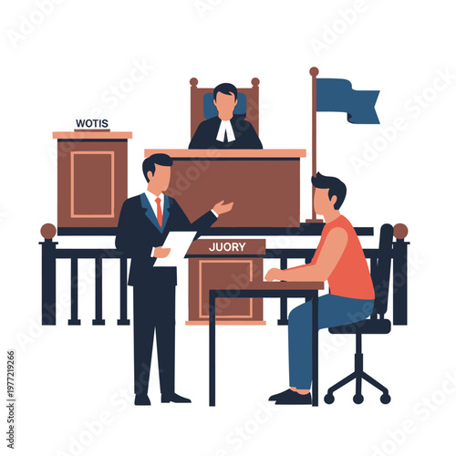 Courtroom Scene: Lawyer Presents Case to Judge and Jury, Defendant Present