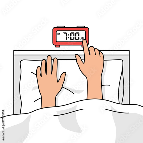 Waking up to alarm clock at 7 AM, hand reaching to snooze