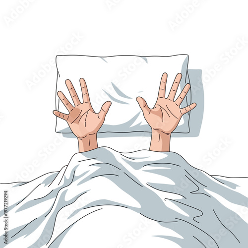 Waking Up, Hands Reaching Out From Under Blanket, Morning Sleep Concept