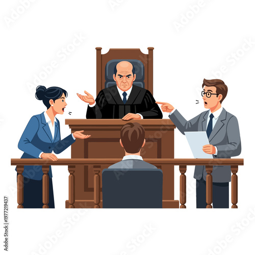 Courtroom scene with judge, lawyers arguing, and defendant at trial