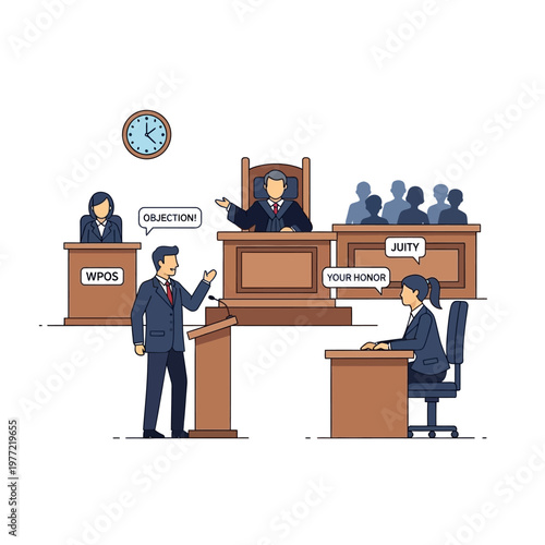 Courtroom scene with lawyer objections, judge, jury, and witness stand.
