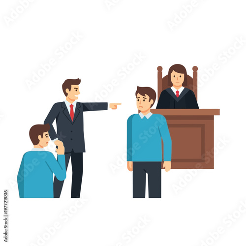 Lawyer Accusing Man in Courtroom, Judge Presiding Over Trial