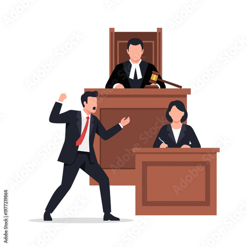 Lawyer arguing in court with judge and clerk, legal case, justice system, courtroom illustration