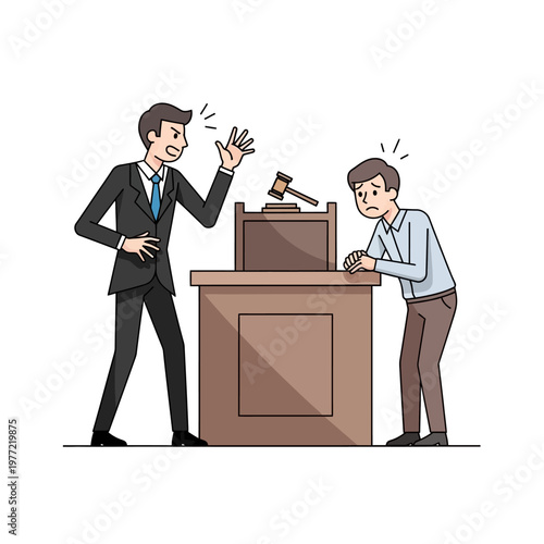 Lawyer arguing aggressively, defendant looking worried in courtroom before judge's bench with gavel.