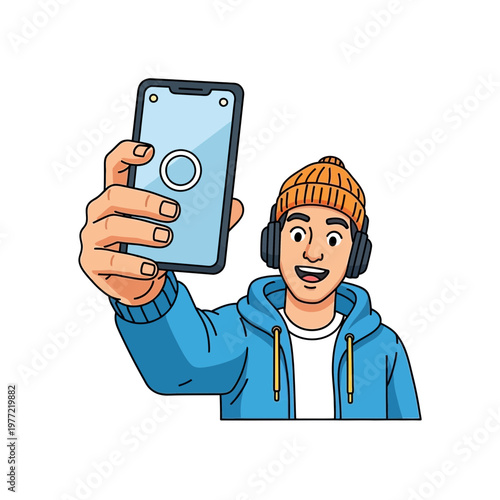 Young man in beanie and headphones taking a selfie with smartphone