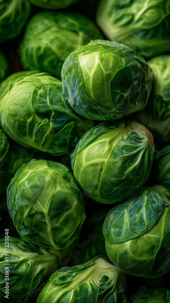 Fototapeta premium Cluster of fresh Brussels sprouts close up. Vibrant green vegetables arranged together. Organic produce for healthy eating and nutritious diet concept. vertical format