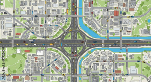 Detailed aerial view of a city intersection with river and buildings.