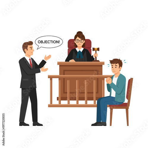 Lawyer objector confronts nervous defendant before judge in courtroom