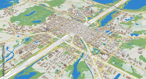 Detailed aerial view of a city with green spaces and waterways.