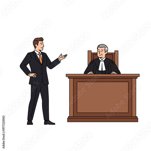 Lawyer presenting case to judge in courtroom illustration
