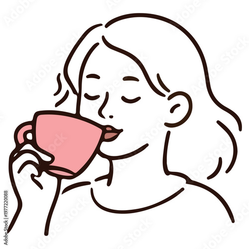Illustration of a woman with long hair enjoying a hot beverage from a pink cup, with steam rising, showcasing a relaxed and cozy moment in a minimalist style