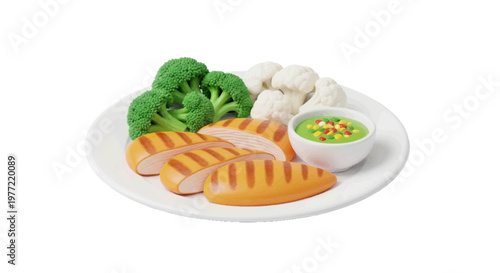 Vector illustration of grilled chicken breast with broccoli, cauliflower, and vegetable sauce on a transparent background