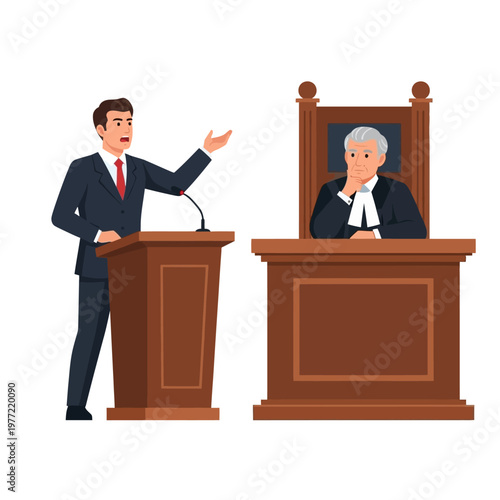 Lawyer Presenting Case to Judge in Courtroom Illustration