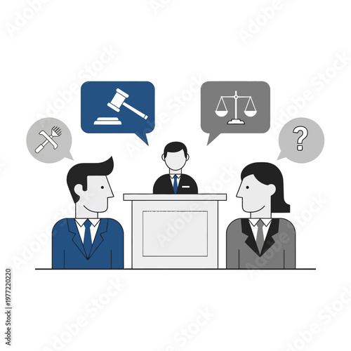 Legal Dispute Resolution: Judge, Lawyers, Gavel, Scales of Justice, Question Mark