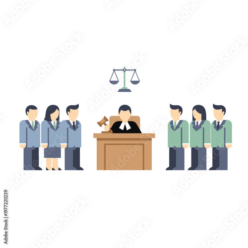 Legal proceedings illustration with judge, jury, and scales of justice