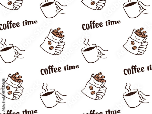 Coffee time pattern illustration featuring cups of coffee and hands holding bags of coffee beans on a white background with playful text design