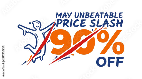 90% Off Price Slash Advertisement with Cheerful Figure