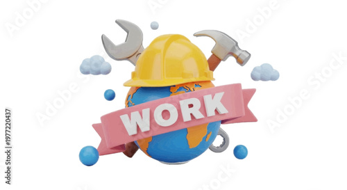 Vector illustration of 3d illustration of a globe with a construction helmet, hammer, and wrench on a transparent background