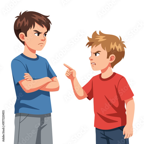 Two angry boys arguing, one pointing finger, conflict, disagreement, sibling rivalry, childhood dispute