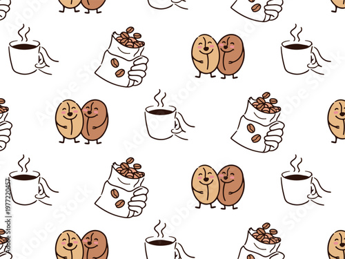 Fotografie Cartoon illustration of smiling coffee beans and cups with steaming beverages, c