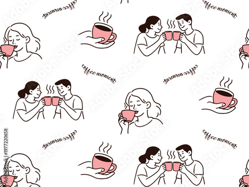Illustration of two people enjoying coffee together, one holding a pink cup while the other raises a matching cup, with repeated coffee-themed patterns in the background