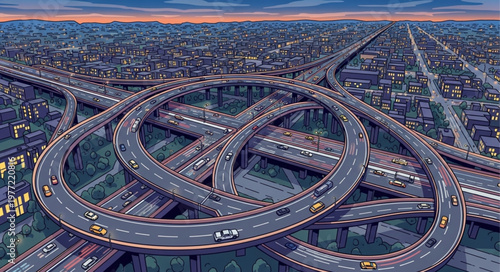 Complex Highway Interchange with Looping Ramps and Dense Urban Landscape.