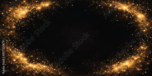 Golden Glitter Frame Background with Sparkling Luxury Particles, Abstract Gold Dust Border on Black, Festive Shimmer Light Bokeh Texture with Copy Space