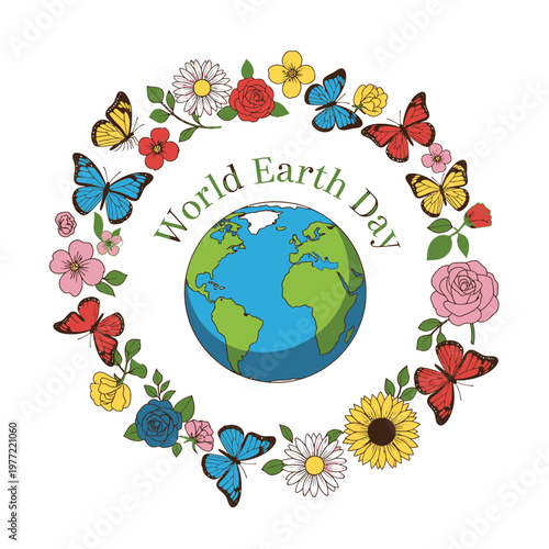 Celebrating World Earth Day With A Beautiful Floral Wreath And Colorful Butterflies