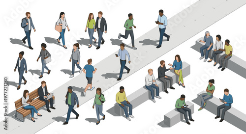Generate a realistic Isometric Vector People Set Featuring Walking and Sitting Figures with Shadows for Architectural Diagrams vector art with white background..