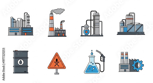 Oil and Gas Industry Icons - Refinery, Barrel, and Hazard Sign.