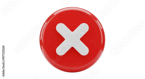 Vector illustration of 3d red glossy button with white cross mark icon on a transparent background