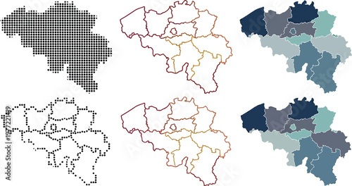 Belgium map vector set showing regional borders as dotted halftone patterns and colorful outline shapes for modern graphic design projects