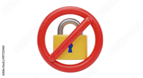 Vector illustration of 3d render of a yellow padlock inside a red prohibition sign on a transparent background