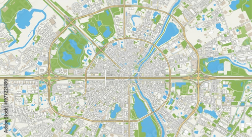 Detailed City Map View with Green Spaces and Water Features.
