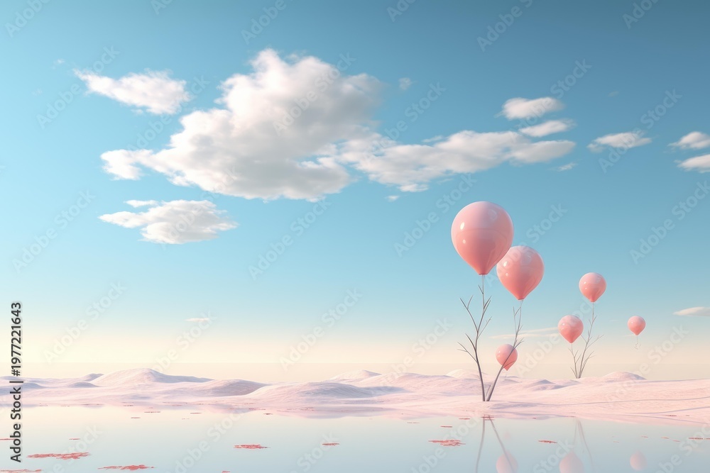 Fototapeta premium Pink balloons floating above a reflective surface in a whimsical desert scene at sunrise