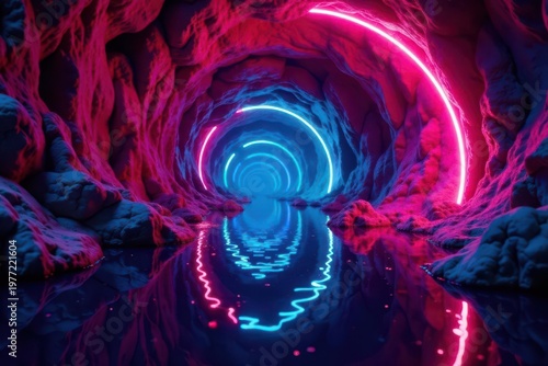 Swirling neon colors cast dramatic reflections within a subterranean passage , bright, texture