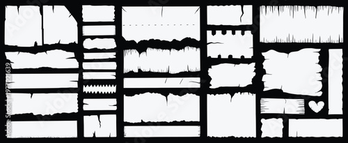 Torn paper scraps vector set with blank notebook sheets, ragged edges, ripped book pages, sticky note scraps and damaged paper strips for collage, scrapbooking and creative design use