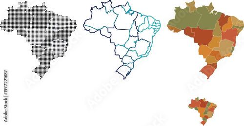 Brazil map vector set showing halftone pattern outline contour and colorful regions illustration for professional design and infographic projects