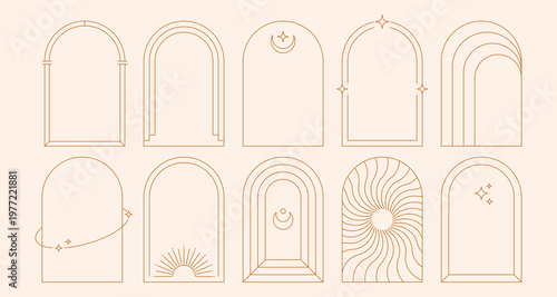 Boho line arch frames. Geometric minimalist doors and windows with mystic celestial simple elements, esoteric modern borders with simple magic arcs. Vector outline set