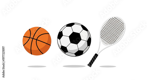 Sports equipment balls and racket.