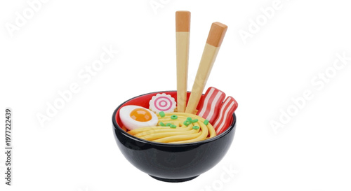 Vector illustration of miniature toy bowl of ramen noodles with chopsticks on a transparent background