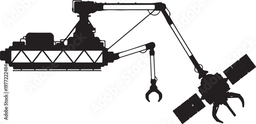 Industrial robotic arm, mechanical claw, black silhouette, vector illustration, factory automation, robotics