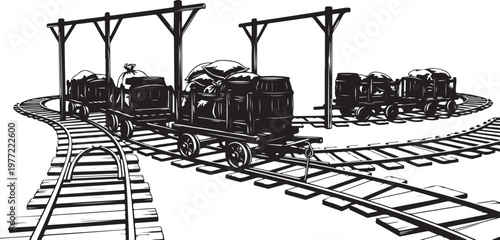 Vintage train, steam locomotive, railway tracks, black and white vector illustration, transportation icons