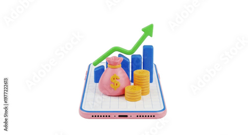 Vector illustration of 3d render of a smartphone with a money bag, gold coins, and growth chart on a transparent background
