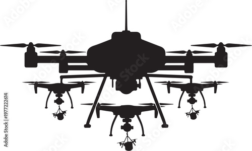 Drone, octocopter, quadcopter, UAV, black silhouette, vector, aerial vehicle, robotics
