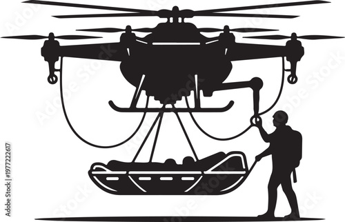 Rescue helicopter, hoist operation, silhouette illustration, emergency response, vector graphics